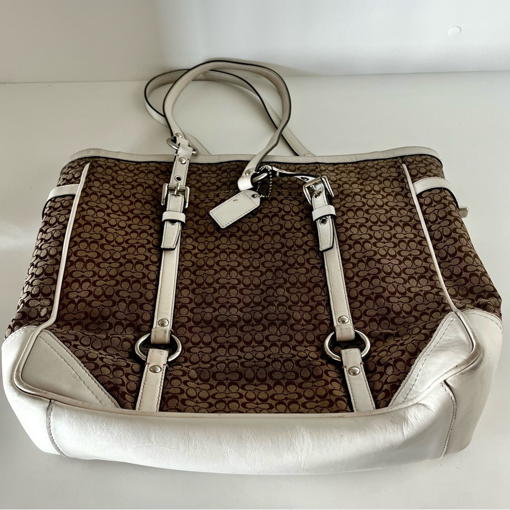 Coach Signature Gallery Tote F11526 Khaki Jacquard White Leather Trim Y2K - Picture 11 of 15